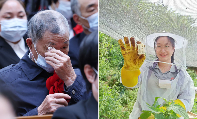 左图为2021年2月25日,黄文秀的父亲黄忠杰在全国脱贫攻坚表彰大会上;右图为黄文秀生前工作照。